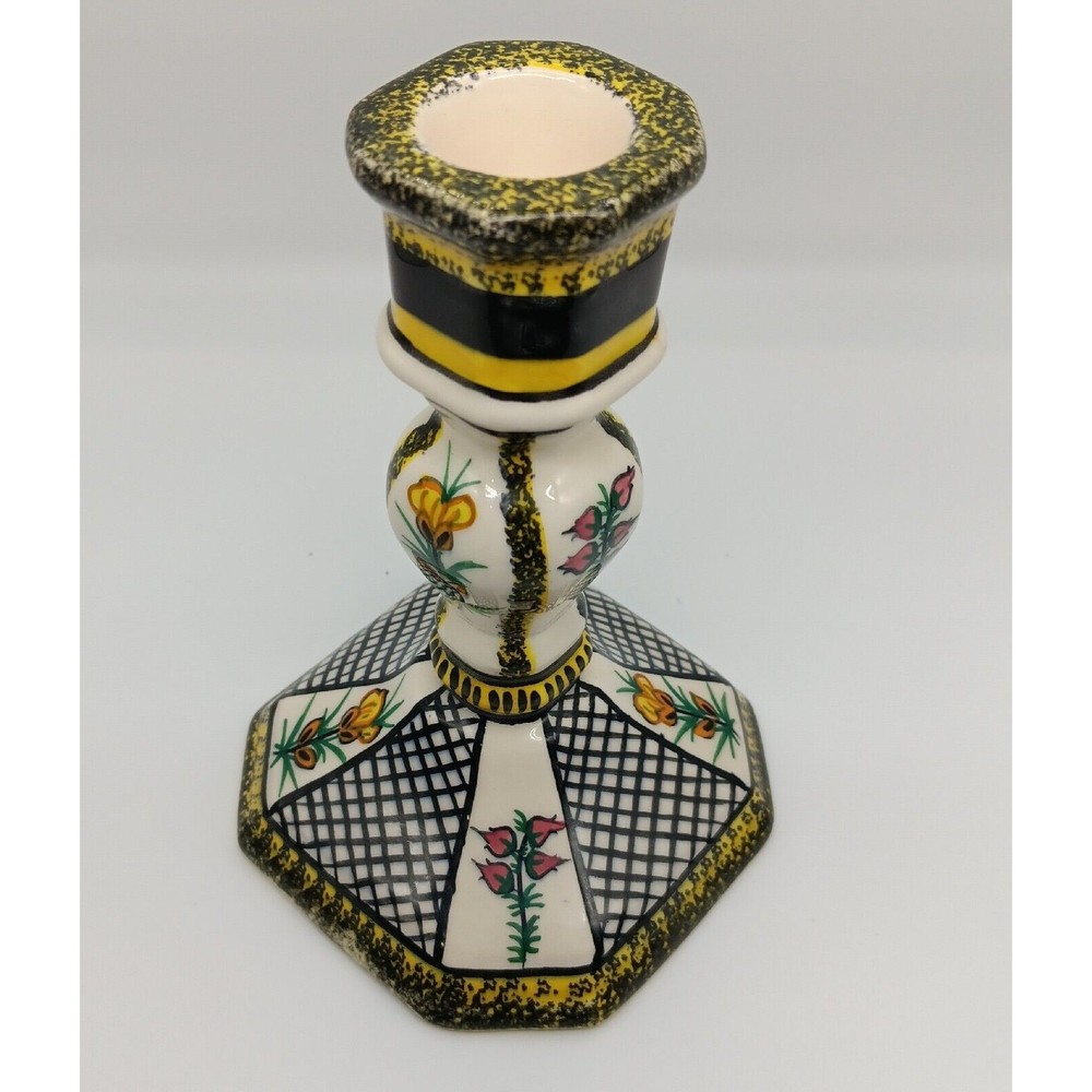 Henriot Quimper France Candle Holder, White Yellow and Black Floral Flowers